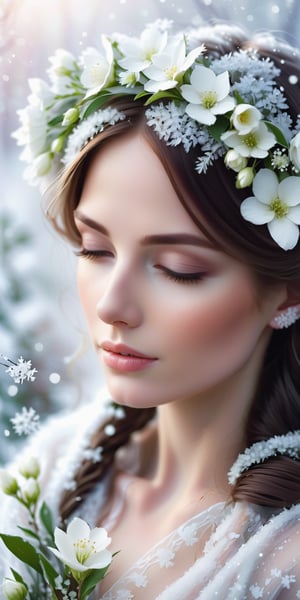A serene portrait wrapped in delicate frost and white flowers, closeup portrait, high-resolution, soft focus, whispers of mist, and an air of tranquil winter's magic.