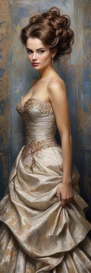 A richly textured oil painting of an elegant woman in a vintage gown, the thick brushstrokes giving life to her curled hair and the fabric’s intricate patterns