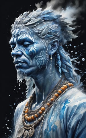 portrait, side view, an elemental shaman made from water, water running, dispersing into windswept drops, insanely detailed disintegrating water Windswept Cute Mist & smoke transparent ghost, Watercolor, trending on artstation, sharp focus, studio photo, intricate details, highly detailed, by greg rutkowski