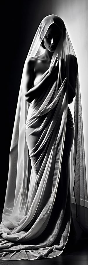A modern artistic photograph of a nude woman wrapped in a series of wide, flowing veils. This image captures the essence of contemporary art photography with a strong emphasis on light, shadow and high contrast. The dynamic arrangement of the veils creates a sense of movement and fluidity, adding a sense of mystery and anonymity.
The photograph uses a monochrome color scheme to focus on the dramatic interplay of light and dark, highlighting the delicate textures and patterns of the tulle against the woman's concealed face

