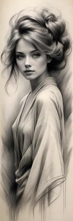 Charcoal Sketch: “A delicate portrait of a beautiful woman with wispy hair and soft features, her gaze captivating as it’s rendered in bold, sweeping strokes of charcoal on textured paper.,Leonardo