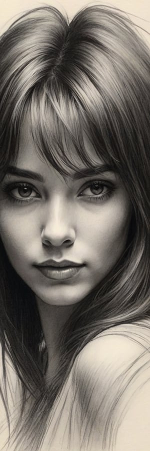 Charcoal Sketch: “A delicate portrait of a woman with wispy hair and soft features, her gaze captivating as it’s rendered in bold, sweeping strokes of charcoal on textured paper.