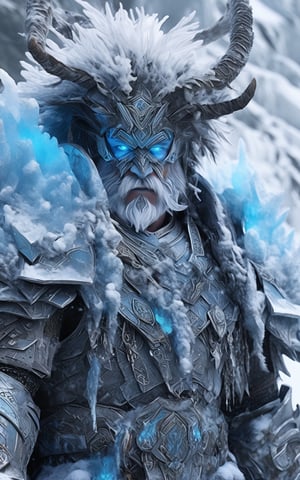 In a closeup, a visionary representation of a male frost giant, depicted as a telepathic communicator utilizing Decopunk aesthetics in the context of bio art, all created through an automated process of virtual texturing on Unity engine. Underneath the layers of his mystical wizardess persona, his natural, cold characteristics are emphasized, painted digitally, amalgamated through collage art techniques. His gigantic figure is shrouded not only by the authority of his being but also by a fog that
