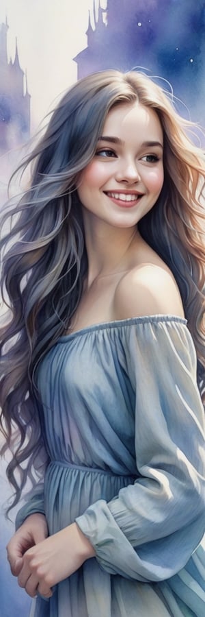 A dreamy watercolor painting of a woman 20 yo with flowing locks and a gentle smile, her image blurring into the washed-out background, creating a tranquil atmosphere,SelectiveColorStyle