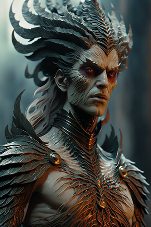 a close up of a statue of a demonic man, digital art, inspired by tomasz alen kopera, gothic art, highly detailed , beautiful elegant demon king, intricate body, beautiful detail and color, sylvain sarrailh and igor morski, intricate costume design, detailed body, realistic flame,Movie Still,bingnvwang