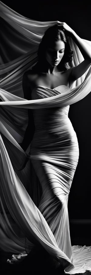 A modern artistic photograph of a woman, enveloped by an array of sweeping, flowing fabrics. This image captures the essence of contemporary art photography with a strong emphasis on light, shadow, and high contrast. adds a sense of mystery and anonymity, while the dynamic arrangement of the fabrics creates a sense of movement and fluidity. The photograph uses a monochrome color scheme to focus on the dramatic interplay of light and dark, highlighting the delicate textures and patterns of the fabrics against the woman's obscured face.