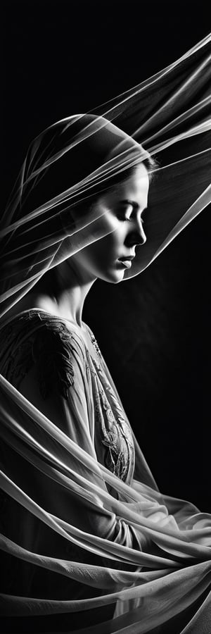 A modern artistic photograph of a woman, enveloped by an array of sweeping, flowing veils. This image captures the essence of contemporary art photography with a strong emphasis on light, shadow, and high contrast. adds a sense of mystery and anonymity, while the dynamic arrangement of the veils creates a sense of movement and fluidity. The photograph uses a monochrome color scheme to focus on the dramatic interplay of light and dark, highlighting the delicate textures and patterns of the veils against the woman's obscured face.