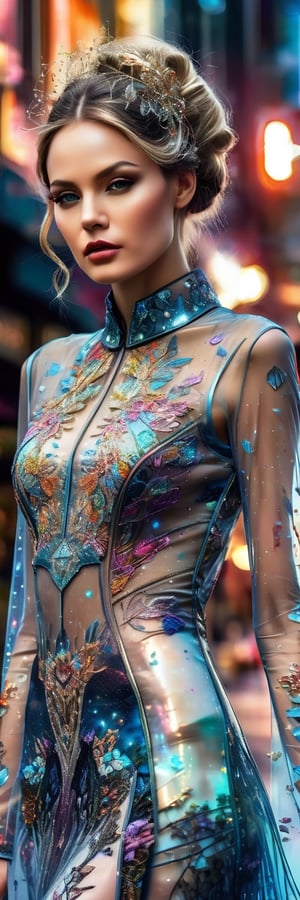 quantum shininess, beautiful gorgeous stunning woman wearing a Transparent glass dress with intricate city embroidery, haute galaxial couture style,  futuristic society elements,  interpreted in mixed media with ink and colors, featuring a double exposure technique, intricately detailed in 4k, breathtaking hyperrealistic and elaborate details, mixed media masterpiece,