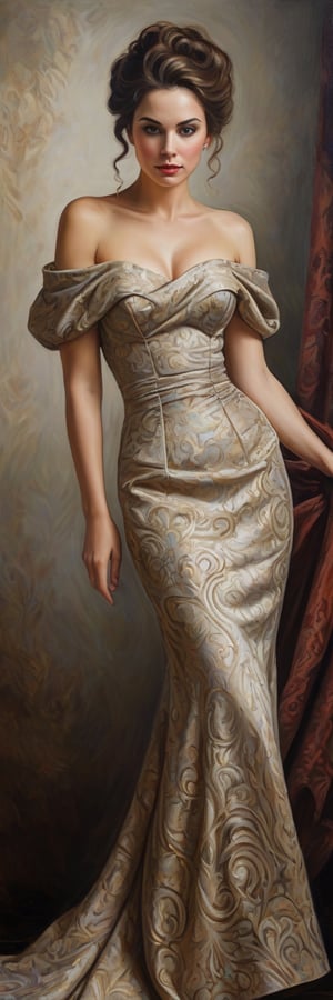 A richly textured oil painting of an elegant woman in a vintage gown, the thick brushstrokes giving life to her curled hair and the fabric’s intricate patterns