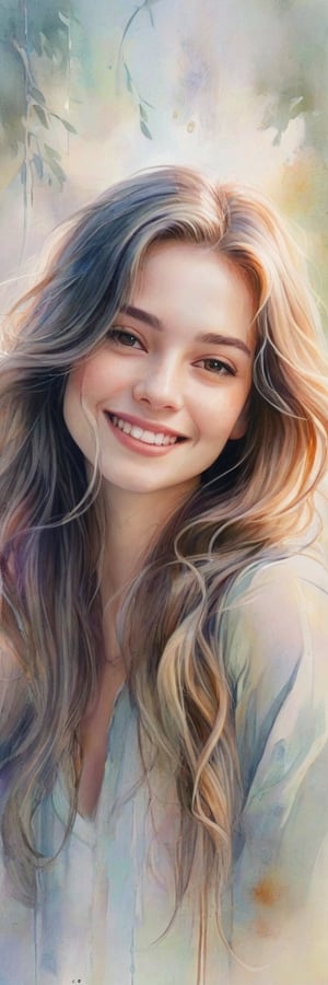 A dreamy watercolor painting of a woman 20 yo with flowing locks and a gentle smile, her image blurring into the washed-out background, creating a tranquil atmosphere,crystal_clear