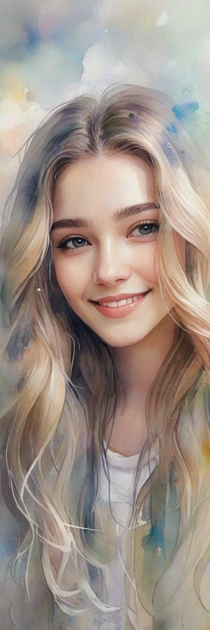 A dreamy watercolor painting of a woman 20 yo with flowing locks and a gentle smile, her image blurring into the washed-out background, creating a tranquil atmosphere,crystal_clear