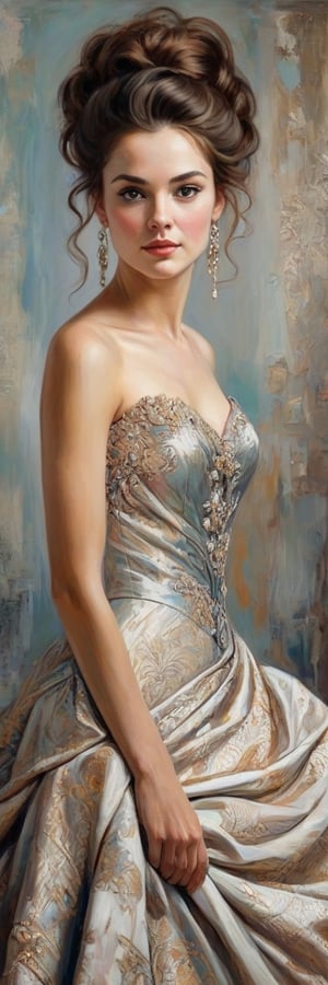 A richly textured oil painting of an elegant woman in a vintage gown, the thick brushstrokes giving life to her curled hair and the fabric’s intricate patterns,crystal_clear