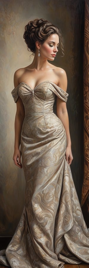 A richly textured oil painting of an elegant woman in a vintage gown, the thick brushstrokes giving life to her curled hair and the fabric’s intricate patterns,