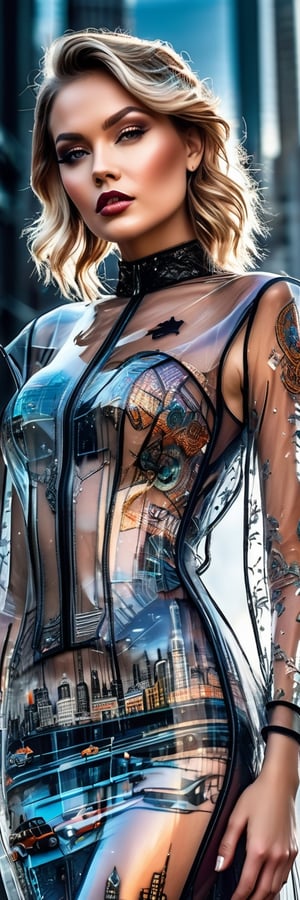quantum shininess, beautiful gorgeous stunning woman wearing a Transparent glass dress with intricate city embroidery, haute galaxial couture style, 3D tiny city and Lilliputian futuristic society elements, including a Harley Davidson motorcycle, interpreted in mixed media with ink and colors, featuring a double exposure technique, intricately detailed in 4k, breathtaking hyperrealistic and elaborate details, mixed media masterpiece