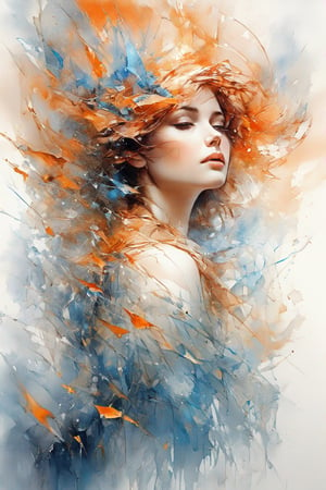 Beautiful Woman, blue and orange, Harrison Fisher, Carne Griffiths, abstract art, Broken Glass effect, no background, stunning, something that even doesn't exist, mythical being, energy, molecular, textures, iridescent and luminescent scales, breathtaking beauty, pure perfection, divine presence, unforgettable, impressive, breathtaking beauty, Volumetric light, auras, rays, vivid colors reflects