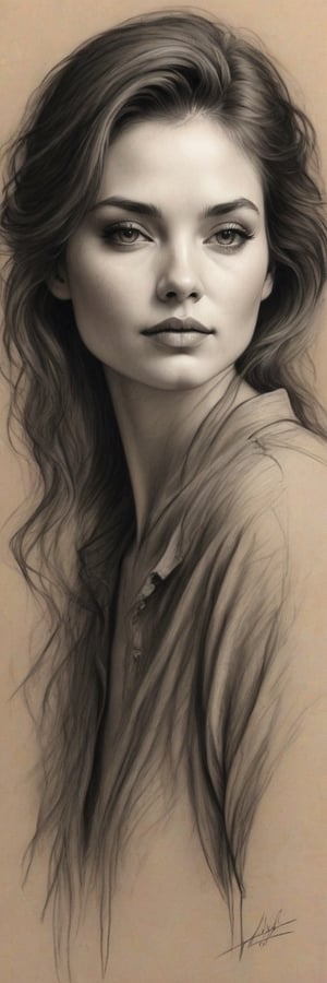 Charcoal Sketch: “A delicate portrait of a beautiful woman with wispy hair and soft features, her gaze captivating as it’s rendered in bold, sweeping strokes of charcoal on textured paper.,skpleonardostyle