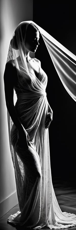 A modern artistic photograph of a nude woman, enveloped by an array of sweeping, flowing veils. This image captures the essence of contemporary art photography with a strong emphasis on light, shadow, and high contrast. adds a sense of mystery and anonymity, while the dynamic arrangement of the veils creates a sense of movement and fluidity. The photograph uses a monochrome color scheme to focus on the dramatic interplay of light and dark, highlighting the delicate textures and patterns of the veils against the woman's obscured face.