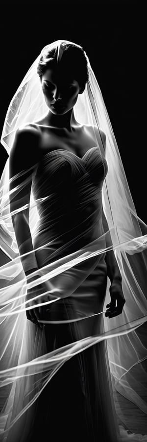 A modern artistic photograph of a nude woman wrapped in a series of wide, flowing veils. This image captures the essence of contemporary art photography with a strong emphasis on light, shadow and high contrast. The dynamic arrangement of the veils creates a sense of movement and fluidity, adding a sense of mystery and anonymity.
The photograph uses a monochrome color scheme to focus on the dramatic interplay of light and dark, highlighting the delicate textures and patterns of the tulle against the woman's concealed face

