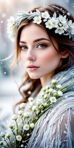 A serene portrait wrapped in delicate frost and white flowers, closeup portrait, high-resolution, soft focus, whispers of mist, and an air of tranquil winter's magic.