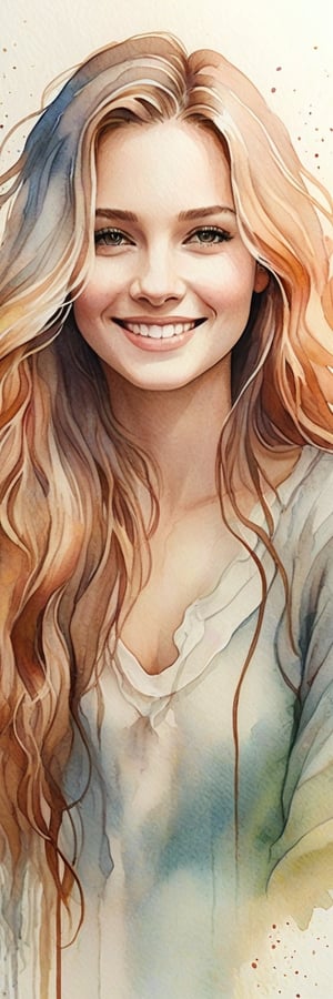 A dreamy watercolor painting of a woman with flowing locks and a gentle smile, her image blurring into the washed-out background, creating a tranquil atmosphere