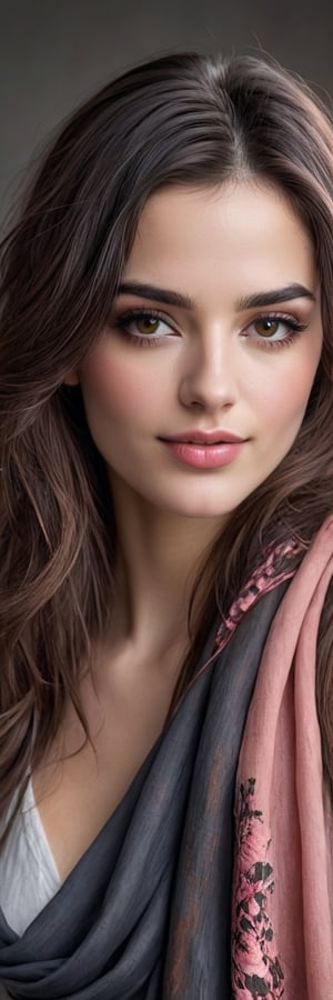 Hyper realistic image of a 25-year-old Mediterranean beauty, her dark chestnut hair flowing freely, adorned with a slender silk scarf. Her deep hazel eyes are highlighted by subtle smoky makeup, and her full, rose-tinted lips part slightly in a whisper of a smile. The portrait captures her in a minimalist style, with bold charcoal lines and splashes of watercolor in earthy tones