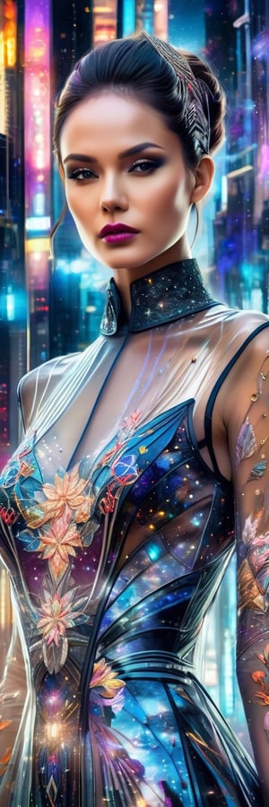 quantum shininess, beautiful gorgeous stunning woman wearing a Transparent glass dress with intricate city embroidery, haute galaxial couture style,  futuristic society elements,  interpreted in mixed media with ink and colors, featuring a double exposure technique, intricately detailed in 4k, breathtaking hyperrealistic and elaborate details, mixed media masterpiece,