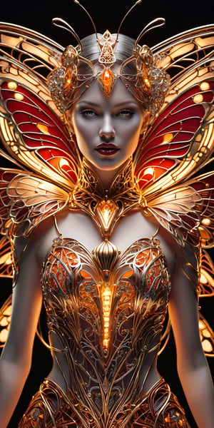 An exceptional jewelry piece crafted from gleaming platinum wire forming intricate patterns with sparks of electricity, enclosing a mechanical woman-butterfly hybrid, radiantly colored in gold with touches of lustrous rust-red, blending art nouveau and futurism transcend artstation trends, captured with Greg Rutkowski's mastery, full body frame, in sharp focus, gleaming under studio lights, rich in intricate details, high-resolution capture
