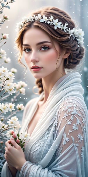 A serene portrait wrapped in delicate frost and white flowers, closeup portrait, high-resolution, soft focus, whispers of mist, and an air of tranquil winter's magic.,Leonardo style 
