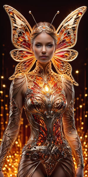 An exceptional jewelry piece crafted from gleaming platinum wire forming intricate patterns with sparks of electricity, enclosing a mechanical woman-butterfly hybrid, radiantly colored in gold with touches of lustrous rust-red, blending art nouveau and futurism transcend artstation trends, captured with Greg Rutkowski's mastery, full body frame, in sharp focus, gleaming under studio lights, rich in intricate details, high-resolution capture,crystalz