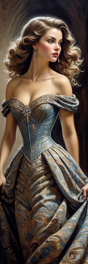 A richly textured oil painting of an elegant woman in a vintage gown, the thick brushstrokes giving life to her curled hair and the fabric’s intricate patterns,SelectiveColorStyle