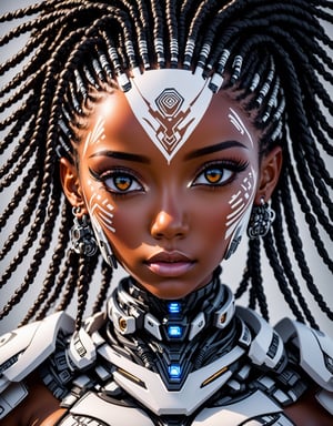 very beautiful futuristic black woman - front shot portrait, cyborg, robot, dreadlocks, white tribal face paintings, earth from space, cosmos, space, Miki Asai Macro photography, close-up, hyper detailed, trending on artstation, sharp focus, studio photo, intricate details, highly detailed, ,Leonardo style 