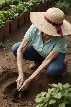 1 girl, old lady, top view, garden, bending to plants, picking strawberries, covered in mud, straw hat, sun rays, very old woman, 