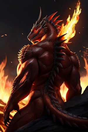 Inferno is a giant Titan covered in fiery orange scales. It's over 150 meters tall with glowing red eyes, sharp horns, and a mouth that breathes flames. Its claws can slice through steel, and its back is lined with glowing spines. Inferno embodies the raw power of fire and destruction.

