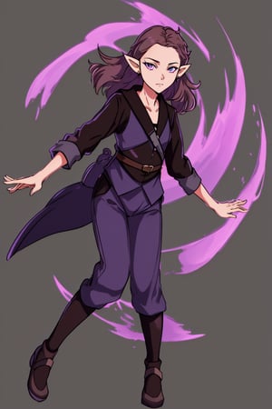 full body, plain grey background, 1girl, solo, amity_timeskip, clothes, amity, purple brown hair, long ears,best quality, human,