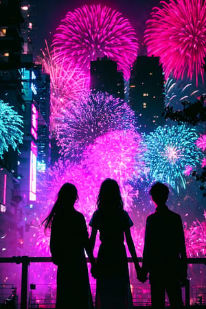 3 persons(1girl,1boy,1man),long girl hair, 1girl, shirt, red girl hair, 1boy, black boy hair, 1man, black man hair (holding hands) flower, outdoors, sky, from behind, petals, night, plant, building, night sky, scenery, pink flower, city, facing away, fireworks,	 SILHOUETTE LIGHT PARTICLES,neon background