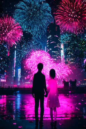 long girl hair, 1girl, shirt, red girl hair, 1boy, black boy hair, 1man, black man hair (holding hands) flower, outdoors, sky, from behind, petals, night, plant, building, night sky, scenery, pink flower, city, facing away, fireworks,	 SILHOUETTE LIGHT PARTICLES,neon background