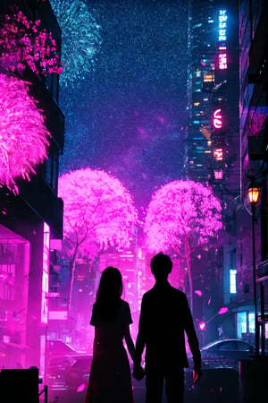 3 persons(1girl,1boy,1man),long girl hair, 1girl, shirt, red girl hair, 1boy, black boy hair, 1man, black man hair (holding hands) flower, outdoors, sky, from behind, petals, night, plant, building, night sky, scenery, pink flower, city, facing away, fireworks,	 SILHOUETTE LIGHT PARTICLES,neon background