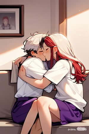 Couple of a corean man and a  girl , light red hair, long hair, white shirt, violet skirt, pocket,edgSDress, hugging in a sofa in house,1boy,becky blackbell,jaeggernawt