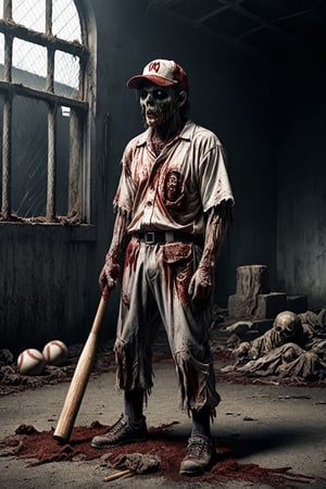 a zombie, putrid skin, disfigured features, torn, dirty and bloody baseball uniform, holding a baseball bat, wearing a baseball hat, walking in a baseball field that borders a graveyard, bodies on the ground, spooky atmosphere and atmosphere of terror ,16k UHD, extreme realism, maximum definitions, ultra detail,monster,