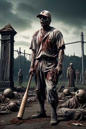 a zombie baseball player, putrid skin, disfigured features, torn, dirty baseball uniform, holding a baseball bat, wearing a baseball hat, walking in a baseball field that borders a graveyard, bodies on the ground, spooky atmosphere and atmosphere of terror ,16k UHD, extreme realism, maximum definitions, ultra detail, monster,