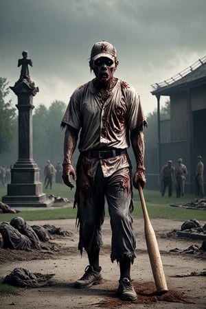 a zombie baseball player, putrid skin, disfigured features, torn, dirty baseball uniform, holding a baseball bat, wearing a baseball hat, walking in a baseball field that borders a graveyard, bodies on the ground, spooky atmosphere and atmosphere of terror ,16k UHD, extreme realism, maximum definitions, ultra detail, monster,