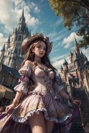 A (whimsical painting) of a(((magical girl))), in Front, wandering through a dreamlike landscape. A regal castle stands tall in the background, its spires reaching towards the sky, as a (curious cat) with emerald eyes accompanies her on her journey. Nearby, a gnarly tree twists and turns, its branches forming intricate patterns against the sky. (Detailed, vibrant colors),nodf_lora,((Cowboy shot))
,1girl,masterpiece,YeorumHan,LODBG