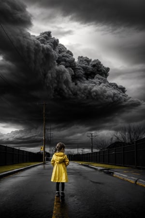 A dramatic black and white photograph of a little girl wearing a yellow raincoat, her silhouette stark against the backdrop of a stormy sky and a solitary telephone pole. The image captures the raw beauty and innocence of childhood amidst the elements.