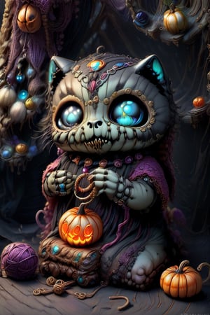 Eerrie, creepy;dark, vodoo_doll, crochet;stitched together face, undead;bones_partially skeleton, Spooky_halloween_black kittens playing with needles and threads;yarn_embroidory hoops, vivid detailed background, 3D,Sci-fi , 🎃 ,candycorn, candies wearing a ghost costume  👻 ,biopunk style,DonMASKTexXL ,biopunk