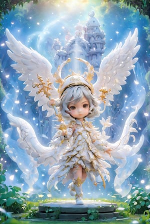 Masterpiece, best quality, stunning, extremely detailed CG unified 8k wallpaper, angel, chibi version, holding a Lance in his right hand, attack pose, standing on a haven garden, detailed background, 8k, 
,chibi, chibi version,Angelababy