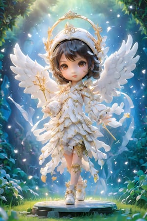 Masterpiece, best quality, stunning, extremely detailed CG unified 8k wallpaper, angel, chibi version, holding a Lance in his right hand, attack pose, standing on a haven garden, detailed background, 8k, 
,chibi, chibi version,Angelababy