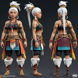 (inspired by Kena:Bridge of Spirits), UHD, highest quality, highly detailed, 3D character render, 3D character art, Low Poly Game art, (((full body))), (((A-pose, character turnaround)))

((Asian warrior woman)), wearing tribal clothes, colorful beads, furs, and dark leather, ((pale skin)), (messy braided white hair), 
3d style,3D MODEL, multiple views of the same character