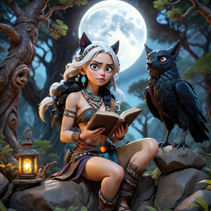 (inspired by Kena:Bridge of Spirits), UHD, highest quality, highly detailed, 3D character render, 3D game art, Low Poly Game art, cinematic lighting, blue rim-light, (3/4 view:1.8), ((full body, wide-angle)), 

((Asian warrior woman)), (((reading an ancient book of sorcery, crouching on a tall rocky outcropping))), (wide eyes, excited expression), wearing tribal clothes, colorful beads, furs, and dark leather, ((pale skin)), (messy braided white hair), ((full moon, nightime lighting)), (creepy ancient forest, giant gnarled trees in background), ((pet magic raven-fox, fox tail)), 

3d style,3D MODEL,more detail XL
