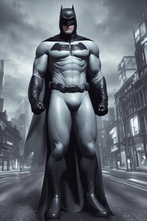 my favorite image of perfectly-shaped batman hero in style at the road in Gotham City, wearing well-rendered fully clothed batmanuniform handsome batmanmale person, symmetric, rendered in Rendermen, highpoly, smooth cg illustration professional masterpiece, associated press, highres image scan, centrefold, no crop