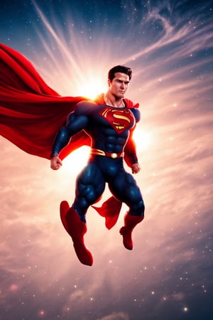 the best image of perfectly-rendered real Superman flying in space to save the world, planet earth background in intricate space, symmetric limbs, professional smooth CG unit Wallpaper printed in glossy paper in uhd, trending on Artstation, highres image scan, associated press, impressive masterpiece, centrefold , no crop